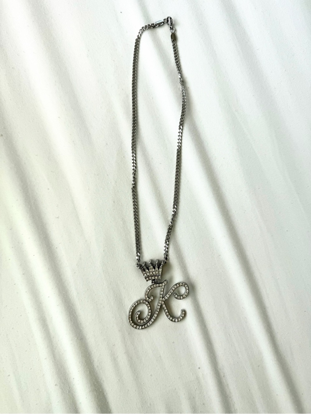 Silver Crystal 'K' Initial Necklace with Crown Pendant